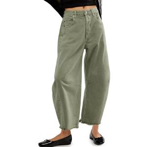 Allimy Womens High Waisted Barrel Horseshoe Baggy Jeans Trendy 2026 with Raw Hem Non Stretch (Green) 10