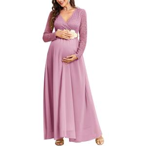 CYCLAMEN Maternity Dress Flowy A-Line Wrap Gown with Floral Lace and Contrast Chiffon Long Sleeve V Neck for Baby Shower (Plum Pink) Large