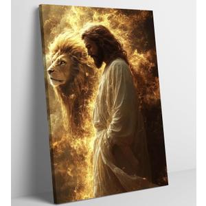 Jesus And Lion Canvas Wall Art Jesus Christian Painting Picture Wall Decor Christ Faith God Judas Inspiring Poster Print Artwork for Church Living Room Study Prayer Room Home Decoration (16"L x 12"W)