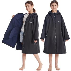 Hiturbo Kids Waterproof Swim Parka: Windproof Swimming Coat - Thin Fleece Lining - Oversized Swimmer Jacket (4-8Y, Black)