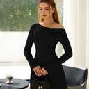 LAGSHIAN Women's Fall Long Sleeve Off Shoulder Trendy Ruched Stretch Bodycon Cocktail Party Flare Mini Dress (Black, M)
