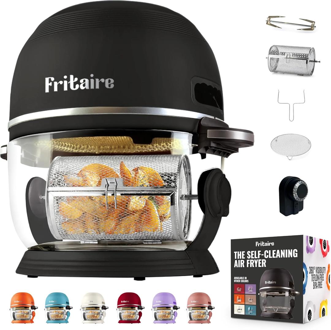 Non Toxic Air Fryer Pro | 9-in-1 Glass Air Fryer | Self-Cleaning | 5 Quart | Rotisserie and Tumbler | 400F Vortex For Even Cooking, BPA-Free Teflon Free, Recrisp, Roast, Bake, Black