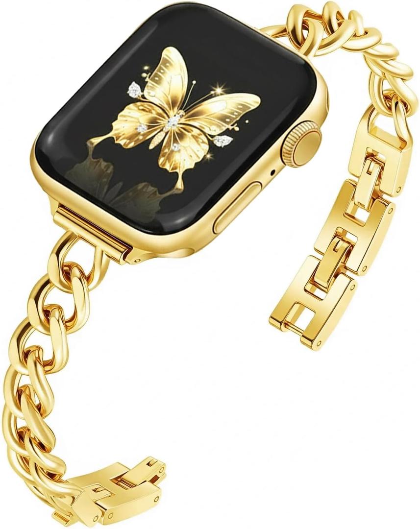 Slim Gold Chain Watch Bands Women Elegant Compatible with Apple Watch Band 38mm 40mm 41mm 42mm (S10/11) Adjustable Metal Strap Link Bracelet for iWatch Series 11/10/9/8/7/6/5/4/3/2/1/SE(No Case)