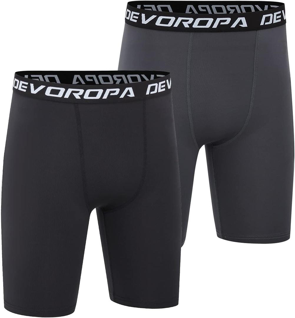DEVOROPA Youth Boys Compression Shorts Performance Athletic Base Layers Workout Training Underwear Side Pocket (Large, Black/Gray(no Side Pockets))