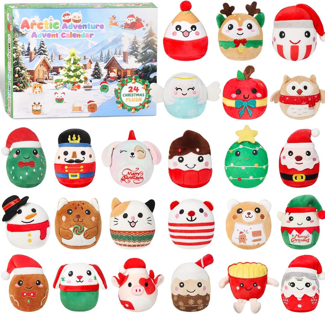 24-Pack Mini Squishy Plush Toys Advent Calendar Soft Stuffed Animals for Kids & Adults, Cute Collectible Plushies, Sensory Play Toys, Party Favors, Classroom Prizes, Desk & Room Decor, Stocking Stuffers for Birthday, Holiday Gifts