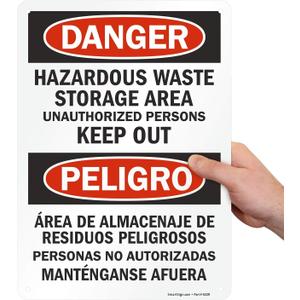 SmartSign "Danger - Hazardous Waste Storage Area, Keep Out" Bilingual Sign | 10" x 14" Plastic