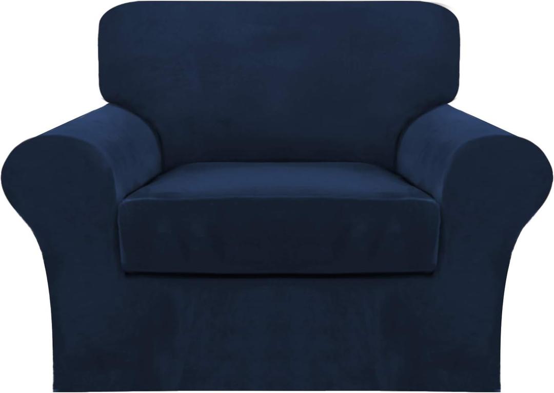 FantasDecor 2 Piece Chair Sofa Covers Velvet for Living Room Slipcovers with Individual Cushion Elastic Furniture Protector for Pets, Machine Washable (Armchair, Navy)