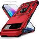 for Google Pixel 9 Pro XL Case with Camera Lens Cover, HD Screen Protector, 10 FT Military Grade Drop Protection, Magnetic Ring Holder Kickstand Protective Phone Case, Red