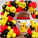 ALL-IN-1 Cartoon Balloon Arch Kit with BONUS Thunder & Starburst Balloons for Poke Birthday Decorations - Red Black Yellow Balloons for Poke Cartoon Birthday Decorations & Video Game Party Supplies