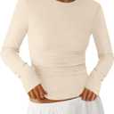 PRETTYGARDEN Womens Long Sleeve Shirts 2026 Ribbed Knit Slim Fitted Basic Tee Casual Going Out Tops Underscrubs Fall Clothing (Beige, M)