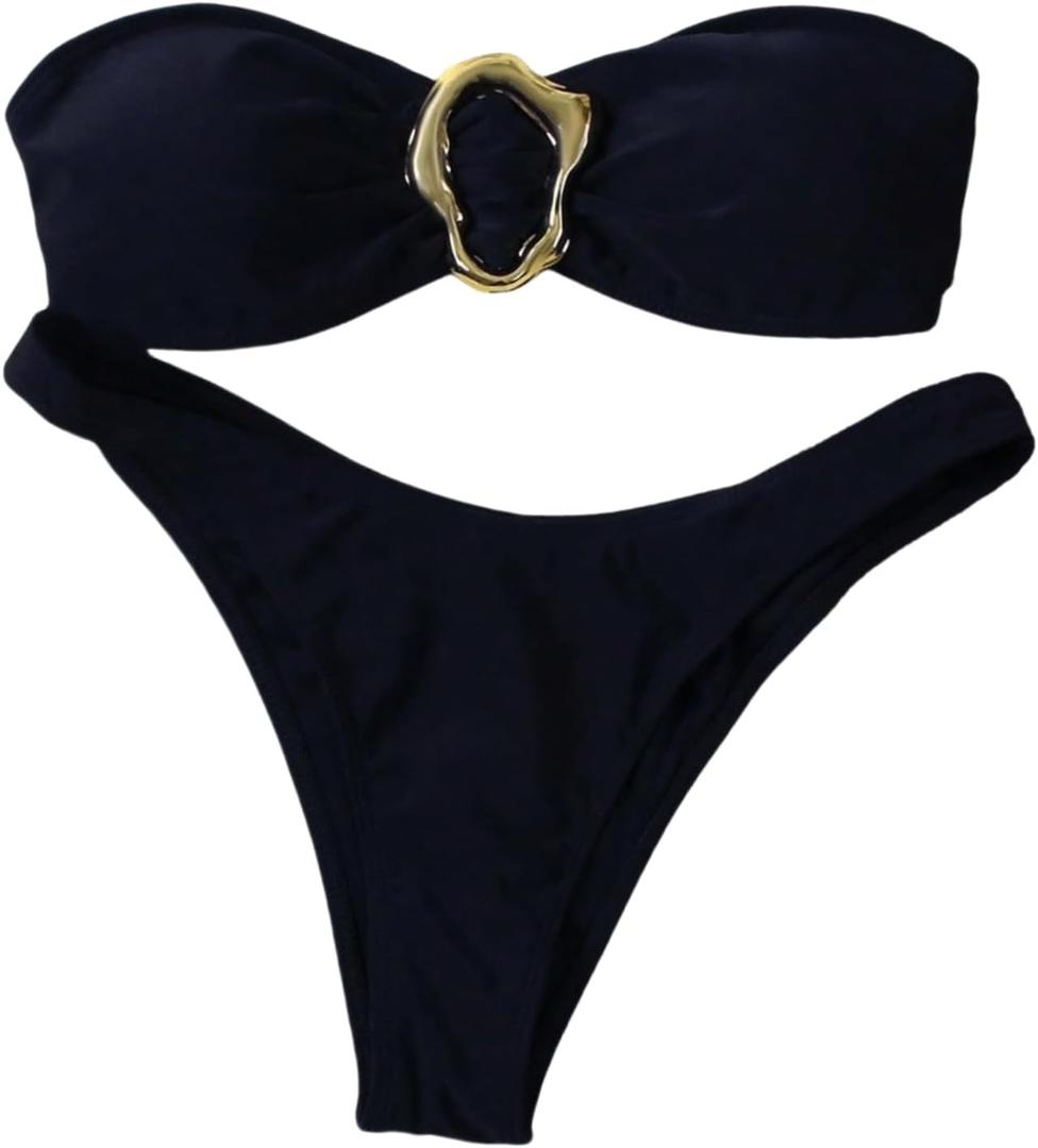 SHENHE Women's 2 Piece Strapless Swimsuits High Cut Metal Ring Tube Top Bandeau Bikini Set (Black,Small)