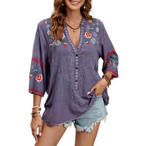 Mexican Shirts Peasant Blouses Cotton Embroidered 3/4 Sleeve Summer V Neck Tunic Bohemian Tops Boho Clothes for Women (Medium, Grey)