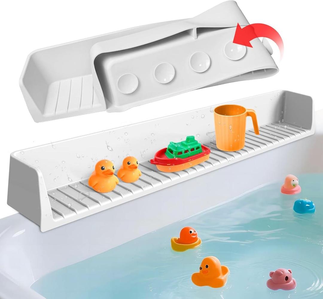 Splash Guard for Bathtub Kids, 2.6FT Extra Long Silicone Bath Splash Guard with 11 Strong Suction Cups, Bathtub Toy Holder & Play Shelf for Toddlers, Prevent Water Spills, Gray