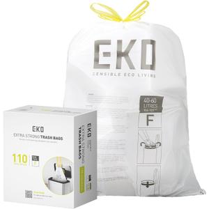 EKO 13 Gallon / 40-60 Liter,110 Count Drawstring Trash Bags, Extra-Strong Unscented Garbage Bags, Easy-Dispense Roll for Kitchen & Household Use, Resists Tears, Leaks and Punctures, Code F, White