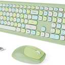 Wireless Keyboard and Mouse Combo, Colorful Ergonomic Full Size Retro Low-Noise Keyboard with Cute keycaps, Compatible with Windows, PC, Perfer for Home and Office Keyboards (Green)