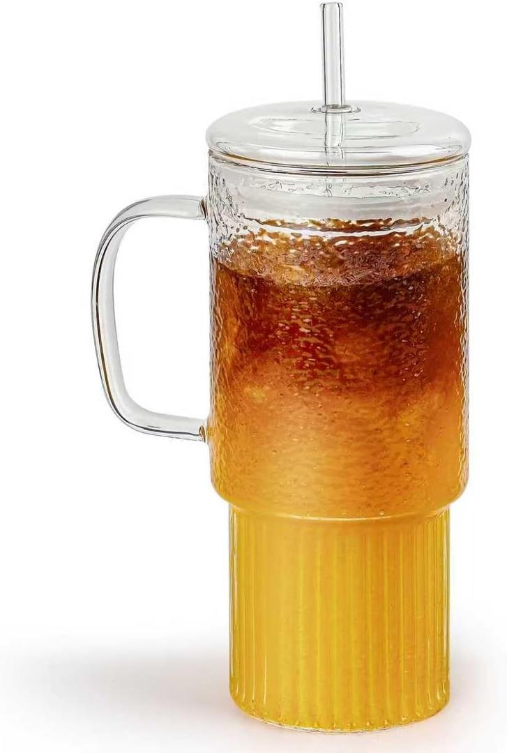 32oz Glass Cups with Handle Lids and Straws, Borosilicate Glass Tumblers for Iced Coffee, Smoothies, Fruit Drinks. Reuseable Glasses Cups for Cold/Hot Water (glass lid 1 pack)