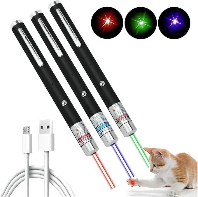 3 Pcs Laser Pointer for Cats Dogs Rechargeable Cat Laser Interactive Cat for Indoor Pet Toys Laser Presentation Remotes Red Light (3 PCS Pack Color Mixed, USB Rechargeable)