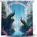 Summer Ocean Scenery Shower Curtain Blue Tropical Peacock Bird Mountain Lake Jungle Rainbow Nature Landscape Floral Plant Fabric Bathroom Curtain Set with Hook (70"WX70"H)