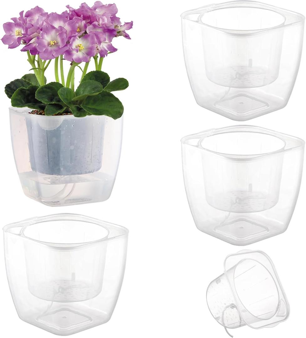 3-Pack Clear Self-Watering Planters for Indoor Plants 7" Large African Violet Plant Pots Plastic Wick Flower Pots with Water Injection Hole, Orchid Plant Pot Set, Clear