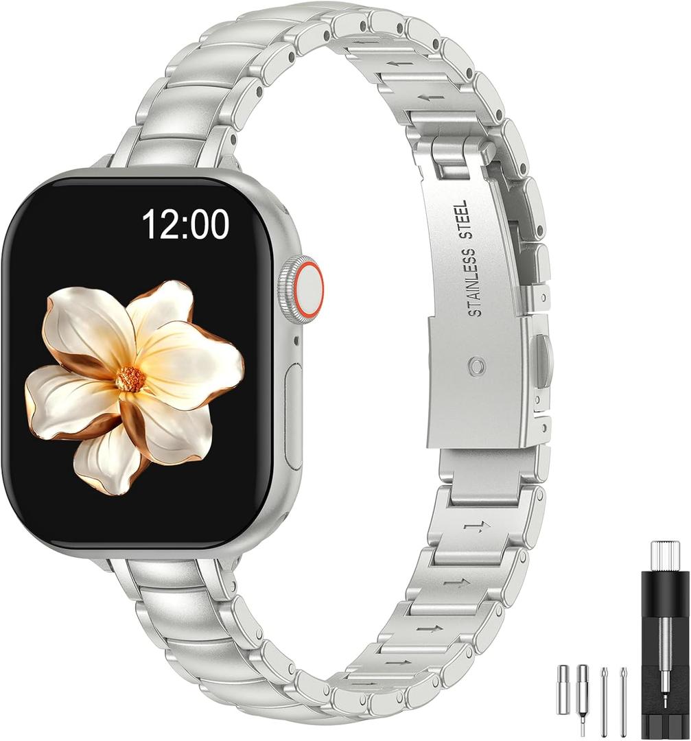 MioHHR Thin Metal Bands Compatible with Apple Watch Band Ultra3/2/1 Series 11 10 9 8 7 6 5 4 3 2 1 SE3/2/1,Slim Narrow Stainless Steel Strap for Women iWatch 49mm 46mm 45mm 44mm 42mm 41mm 40mm 38mm (Starlight Silver)