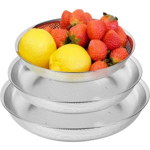 Premium 18/8 304 Stainless Steel Small Colander Set of 3, Comfortable Tray, Micro-Perforated Shallow Colanders 2-3-4 Quart Set, Self-Draining Solid Base for Pasta, Fruits, Vegetables