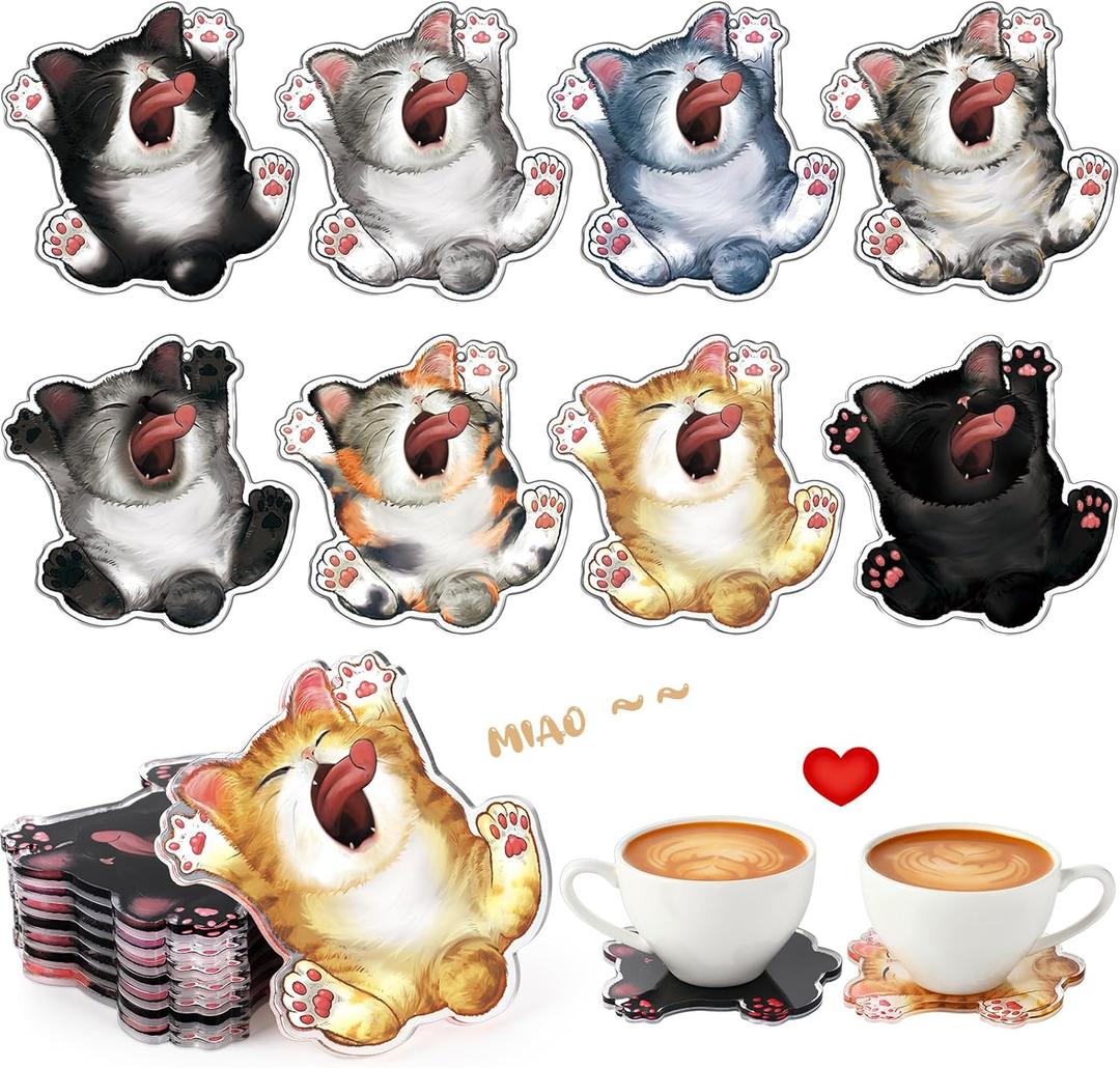 Baderke 8 Pack Funny Cat Coaster Acrylic Decorative Drink Coasters Gift for Cat Lovers Women Mom Desk Tabletop Protection Car Front Mirror Ornament Kitten Them Birthday Christmas Housewarming