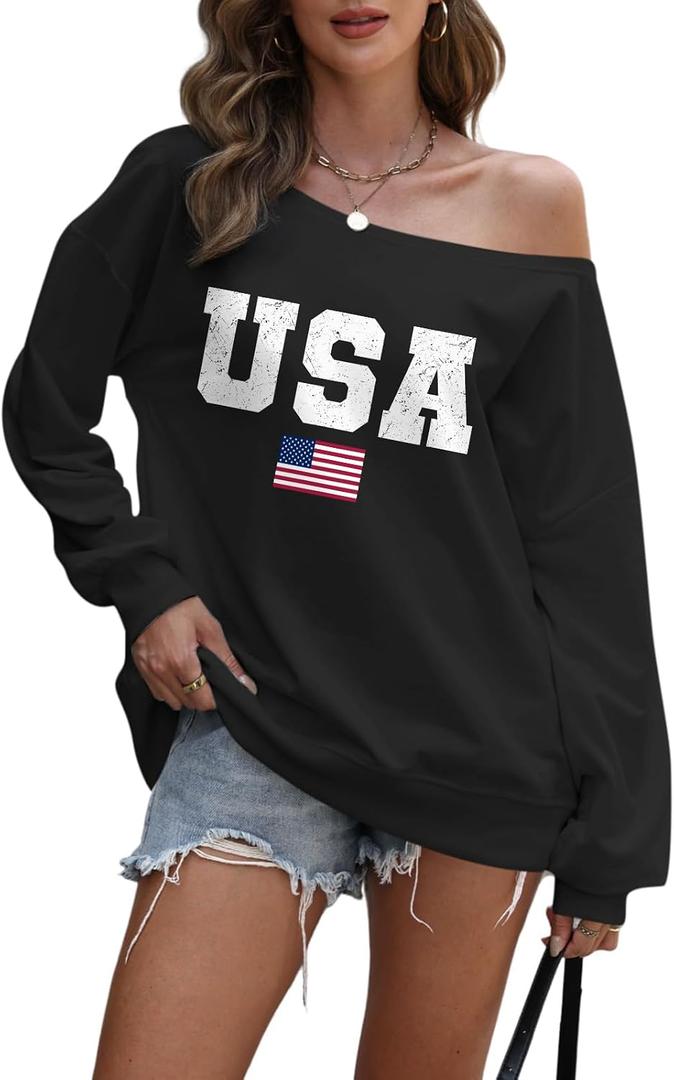 Usa Off The Shoulder Sweatshirt Women Oversized American Flag Long Sleeve Shirt Vintage Graphic Pullover Sweatshirts, Small
