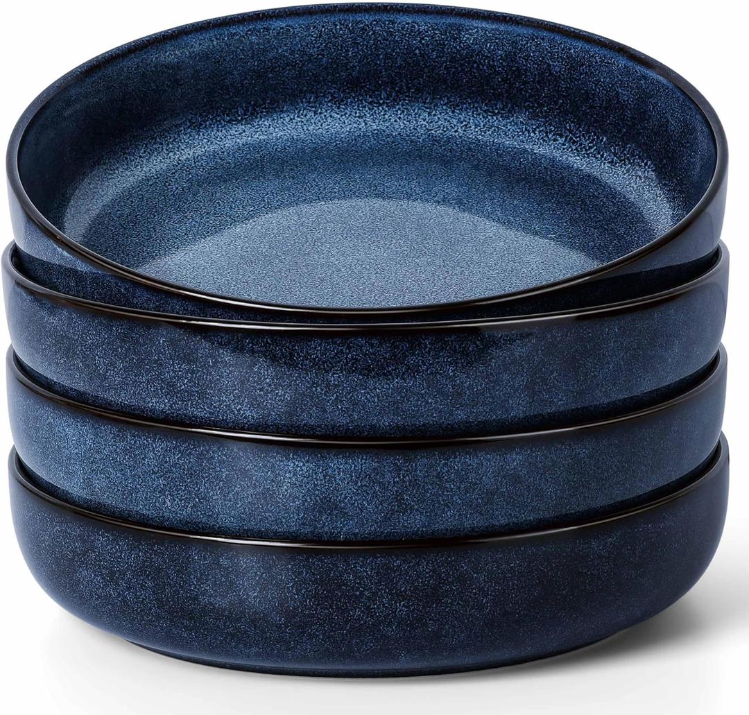 Herogo Stoneware Pasta Bowls Set of 4, Large Wide Shallow 37oz Plates and Serving Bowls Sets for Salad Soup Cereal, Microwave & Dishwasher Safe, Starry Blue