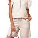 KevaMolly Womens Lounge Sets Textured Ruffled Sleeve Zipped Top and Wide Leg Shorts Set Daily Two Piece Sets Apricot M (M)