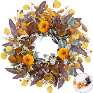 Fall Wreaths for Front Door, 20" Fall Wreath with Lights, Artificial Autumn Door Wreaths-Pumpkin, Berry Branch, Mixed Leaves Decor for Home Outside Indoor Wall Harvest Festival Thanksgiving Decoration