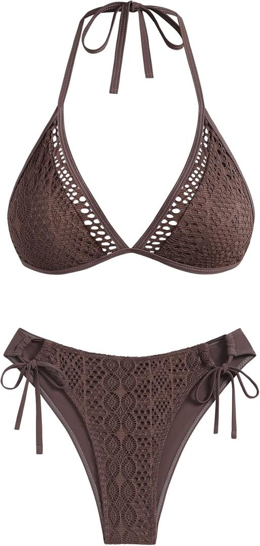 ZAFUL Women's Halter Triangle Bikini Set Crochet Boho Floral Swimsuit Cut Out Tie Side Two Piece Bathing Suit (Brown, M)