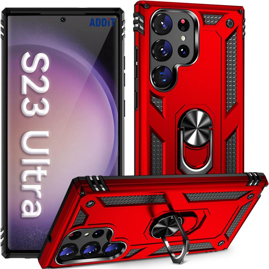 ADDIT S23 Ultra Case, Phone Case for Samsung Galaxy S23 Ultra Case, with Kickstand Ring, Adjustable Stand, Military Grade, Heavy Duty Protection, Shockproof, Anti-Fingerprint, Support Magnet Car Mount, Red