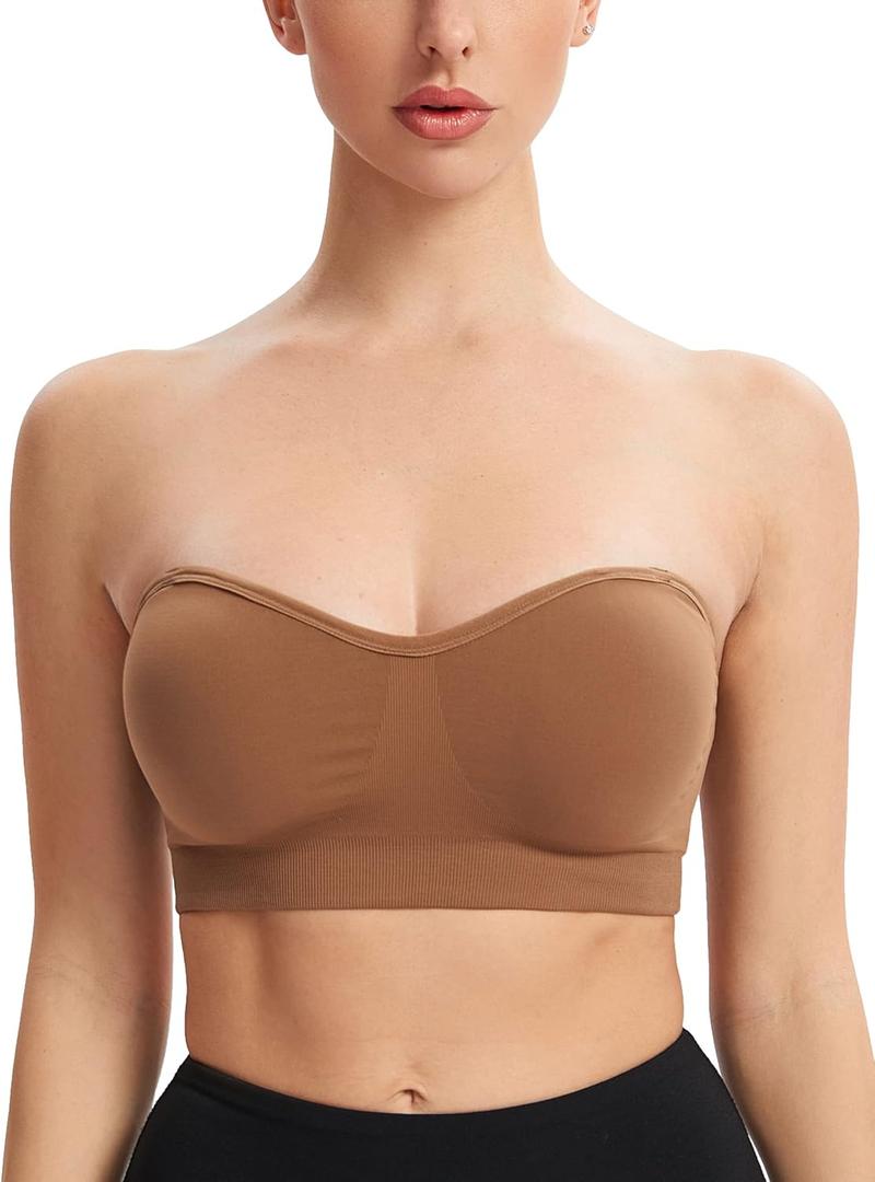 Gnowann Strapless Bras for Women Non-Slip Silicone Bandeau Bralette Seamless Wireless Strapless Bra Padded Tube Top (X-Large, Coffe)