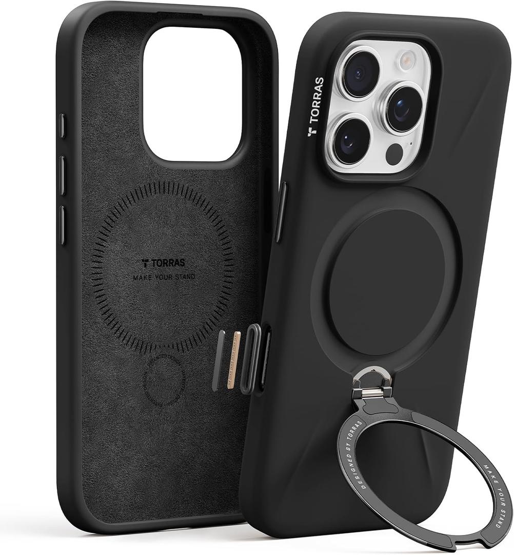 TORRAS Liquid Silicone for iPhone 16 Pro Case with 360 Spin Magnetic Ring Stand with Camera Control, Fit for MagSafe, OStand Q3 Silicone Non-Slip Protective Case for iPhone 16 Pro, Obsidian Black