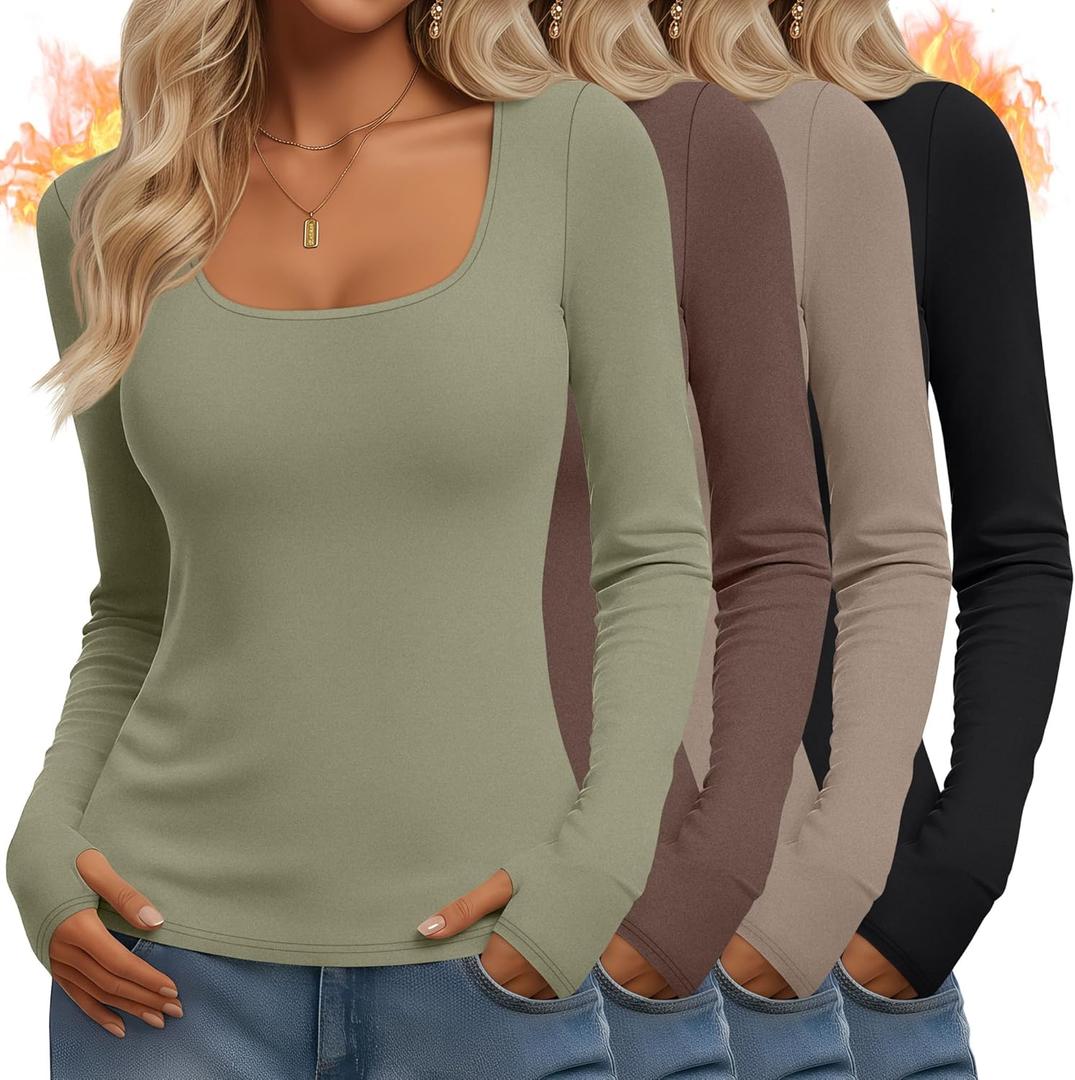 Velvelhall 4 Pack Women's Thermal Long Sleeve Shirts Fleece Scoop Neck Tops Slim Fit Undershirt Basic Layer with Thumb Holes(Mint Green, Mocha, Light Khaki, Black, XX-Large)