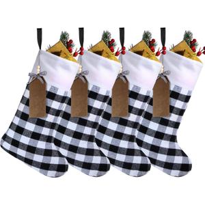 Aoriher 4 Sets Christmas Buffalo Plaid Stockings with DIY Wood Name Tags, 18 Inch Large Xmas Stockings Hanging Decorations with Tags for Christmas Fireplace Decor(Plaid,Black White A)
