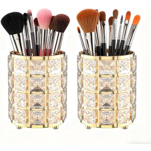 LUGUNU Makeup Brush Holder with Golden Crystal Bling  Elegant Vanity Organizer for Brushes, Pens & Pencils, Ideal for Bathroom or Office Countertop(2Pack)