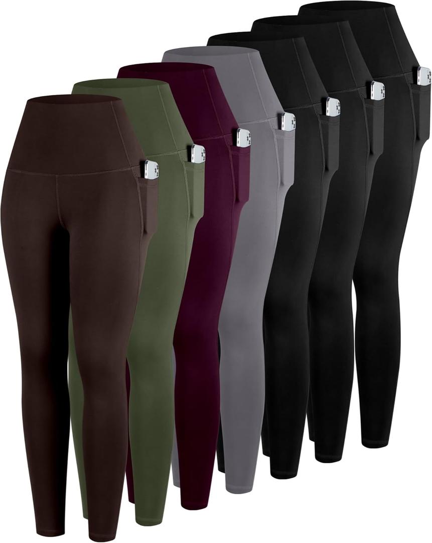ATHVOTAR Leggings with Pockets for Women, 7 Packs High Waisted Workout Tummy Control Yoga Pants (X-Large, 7 Pack - Black/Black/Black/Gray/Cassis/Army Green/Dark Brown)