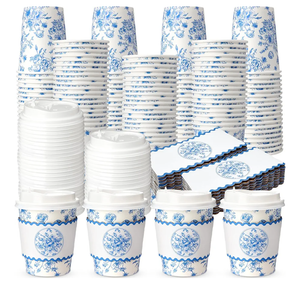 48 Sets Floral Paper Coffee Cups with Lids and Sleeves 8oz Vintage Flower Disposable Drinking Cups Bulk for Birthday Wedding Bridal Shower Tea Party Supplies (Blue)