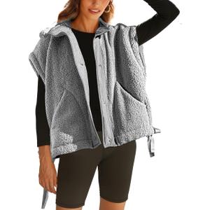 Sherpa Vest Women Oversized Sleeveless Fleece Fuzzy Jacket Winter Zip Up Gilet Outerwear with Pockets (Gray, L)