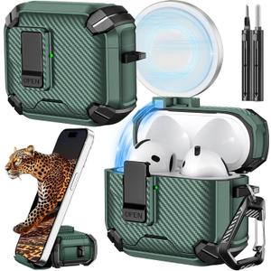 Inesore Compatible with AirPods 4th Case with Phone Stand & Cleaning Kit, Compatible with Magsafe, Magnetic Automatic Lock for Airpods 4 with Active Noise Cancellation Charging Cover (2024) (Green)