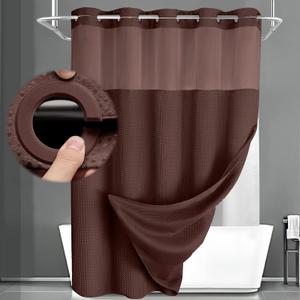 No Hook Shower Curtain and Liner Set,Brown Hotel Waffle Shower Curtain with Liner 75" L x 72" W