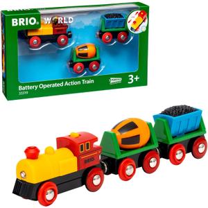 BRIO World Battery Operated Action Train - Motorized for Wooden Tracks - Kids Electric Set - Includes Moving Coal Wagon & Rotating Cement Mixer - Compatible with All Railway Sets - Kids Ages 3 & Up
