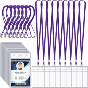 Marspark 100 Pcs ID Badge Holder with Lanyard Lanyards for ID Badges Resealable Flat Neck Name Tag with Clip Waterproof Plastic Clear Badges Bulk for School Office Supplies (Purple)
