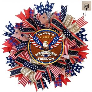 250th Anniversary Patriotic Wreath - 18 Inch Front Door Decor with Wooden Eagle Pattern & Red White Blue Ribbon (Glued on Fabric Base), Handcrafted for 4th of July Independence Day