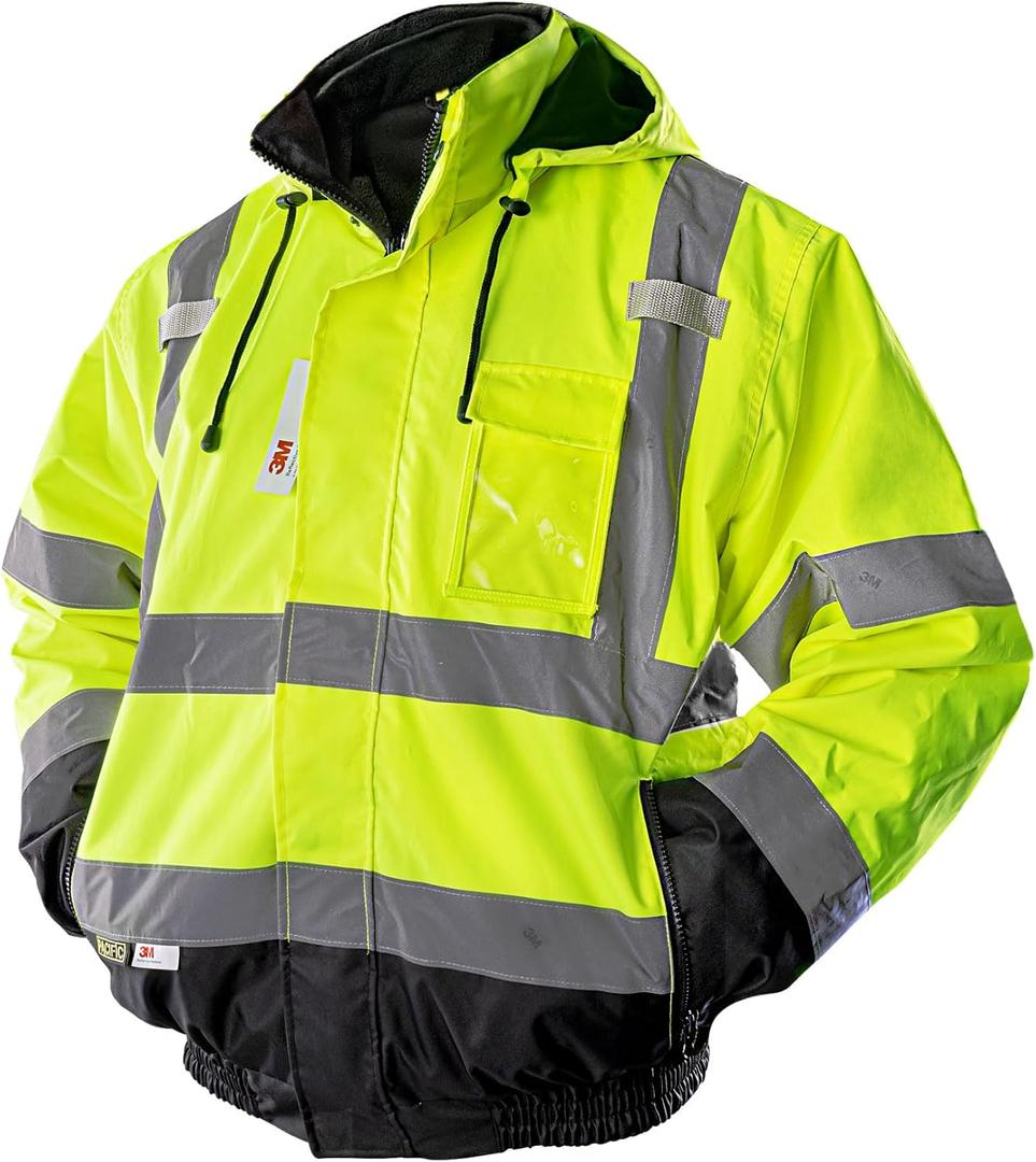 PACIFIC PPE Waterproof Reflective Jackets, Class 3 High Visibility Safety Jackets for Men, Polar Fleece Shell Work Construction Bomber Coats for Cold Weather, Black Bottom, XX-Large (Yellow)