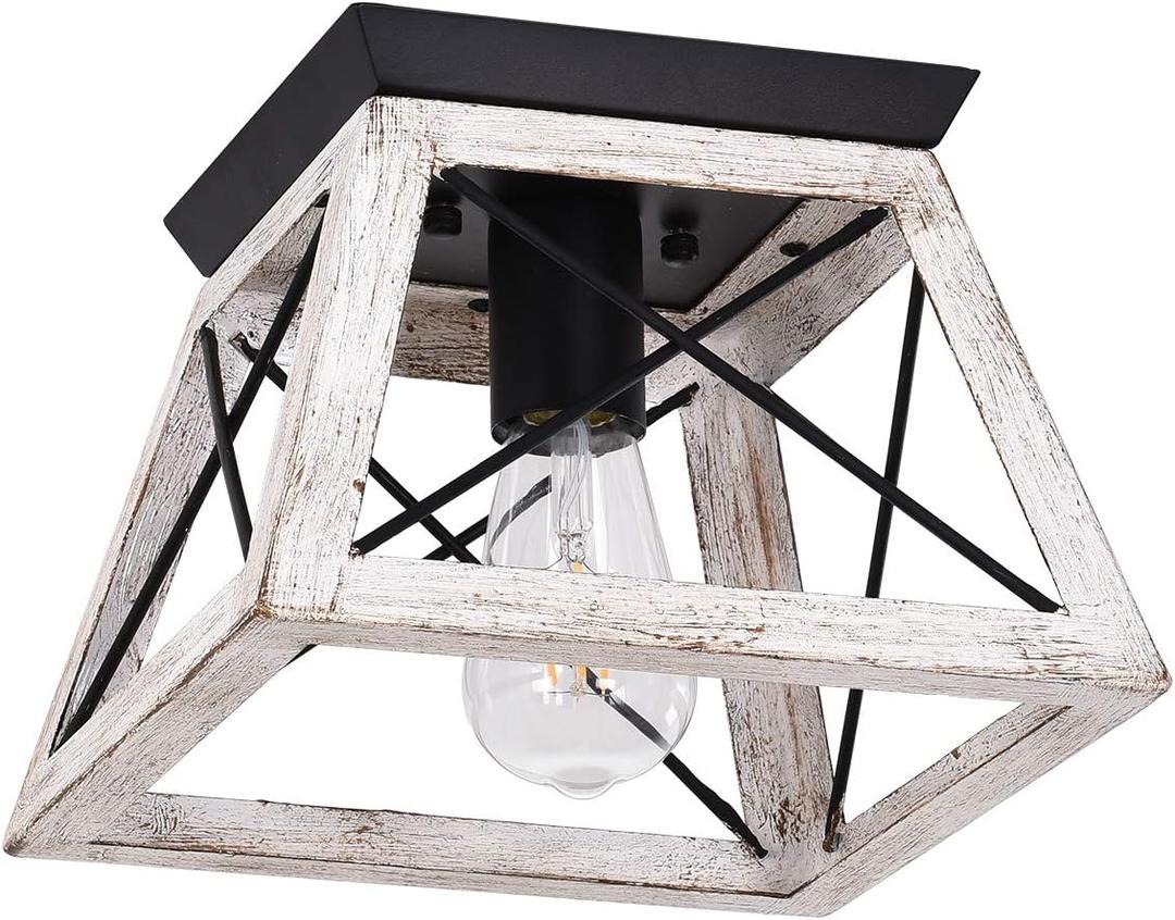 Luupyia Farmhouse Ceiling Light Fixture Semi Flush Mount, One-Light Square Farmhouse Chandelier Lighting, Rustic Island Overhead Fixtures for Dining Room Entryway Living Room Beige