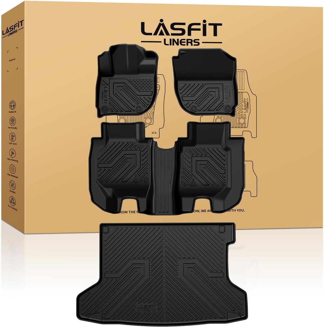 LASFIT Floor Mats & Cargo Mat for Honda HRV 2016-2022 (AWD Model), All Weather TPE Custom Fit HR-V Floor Liner Accessories, 1st & 2nd Row & Trunk Mat Full Set, Black (Not for FWD)