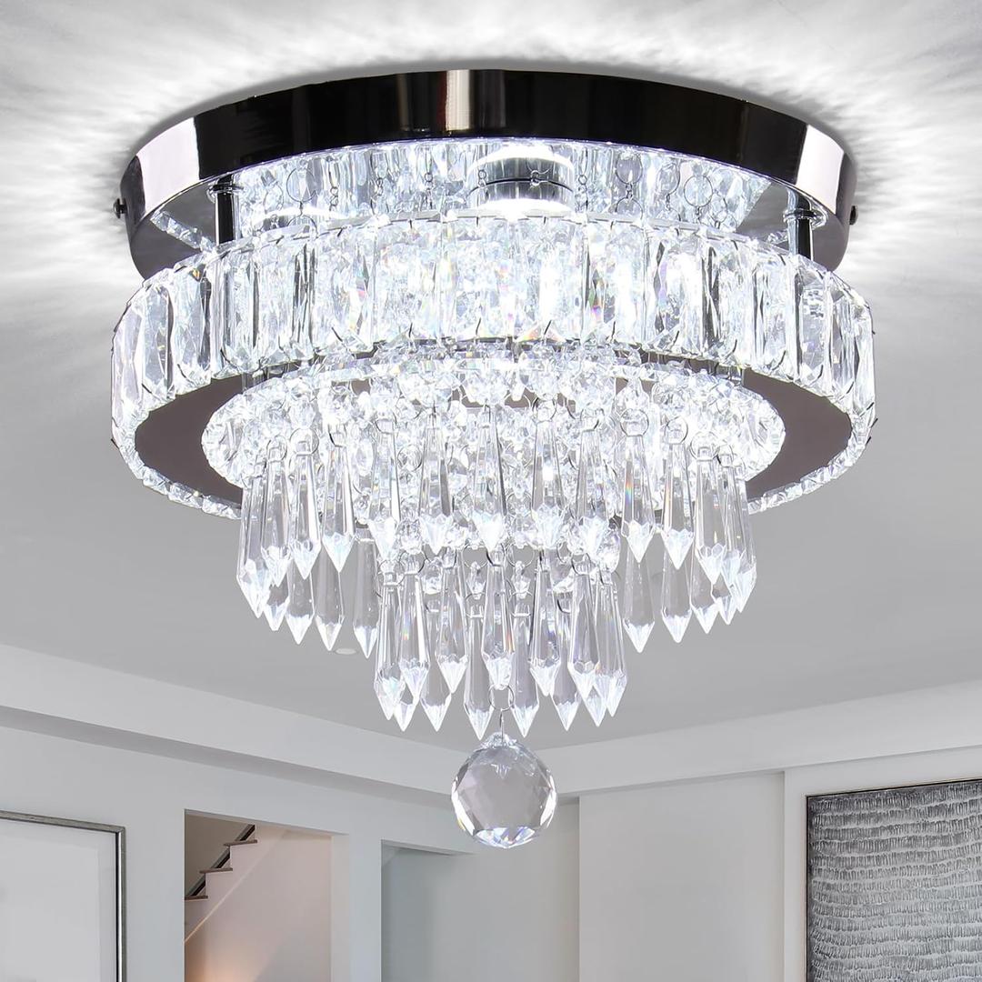 Finktonglan 11.8" Crystal Chandeliers, Morden Crystal Ceiling Light LED Small Chandeliers Semi Flush Mount Chandelier Room Light for Bedrooms Living Room Hallway (6500K White Light) (12'' Cool White)