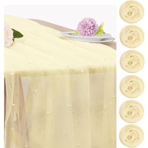 Set of 6 Pearl Table Runner 29 x 120 Inch Tulle Fabric Lace Table Runners for Bridal Shower Birthday Party Wedding Arch Dessert Table Decor(Ivory)